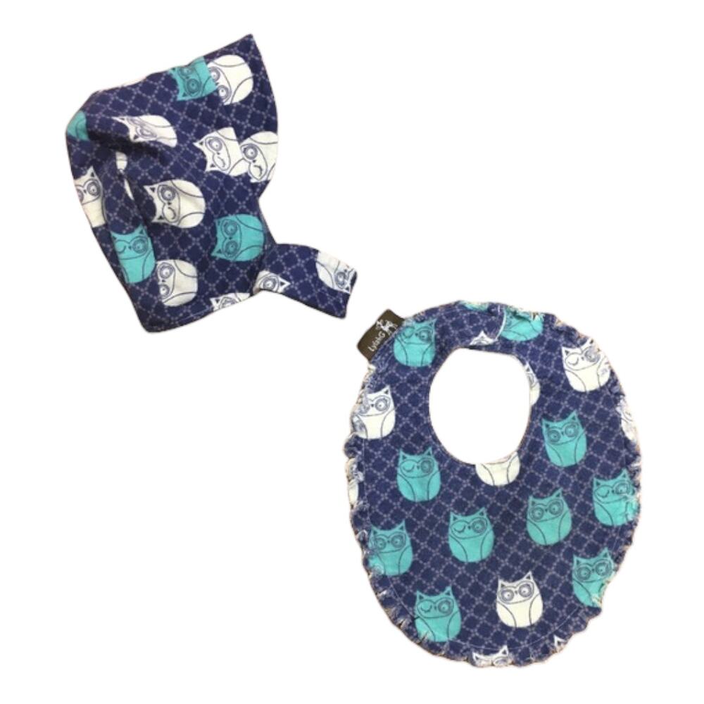 LylahG Girls Bonnet Owl Flannel Bib Plaid Blue Beautiful Set